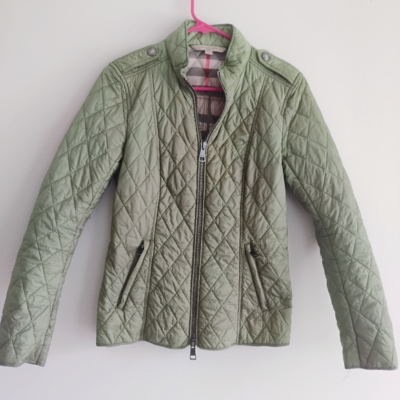 BURBERRY BRIT Green Quilted Zip Up Jacket Blazer Sun Faded Distressed SIZE 0-4 - Picture 1 of 15